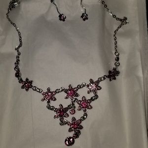 Silver tone costume jewelry set Pink stones